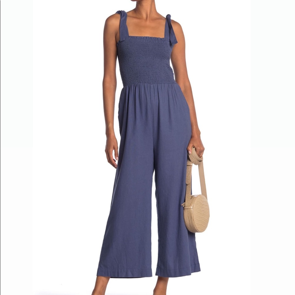 Susina tie strap smocked linen jumpsuit NWT
